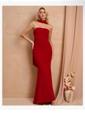 NWT Strapless Red Evening Gown with Scarf Neck